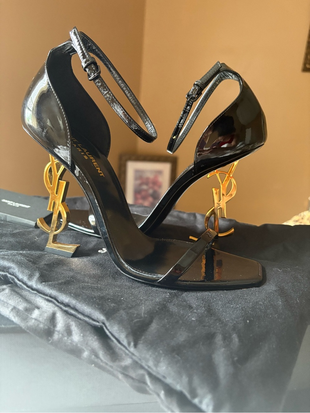 Saint Laurent Black Patent Leather YSL Logo Heel Sandals